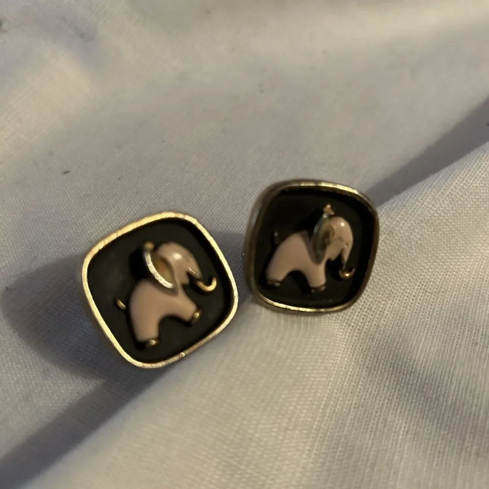 VTG Enamel Pink Elephant Cufflinks Silver Tone Mid Century